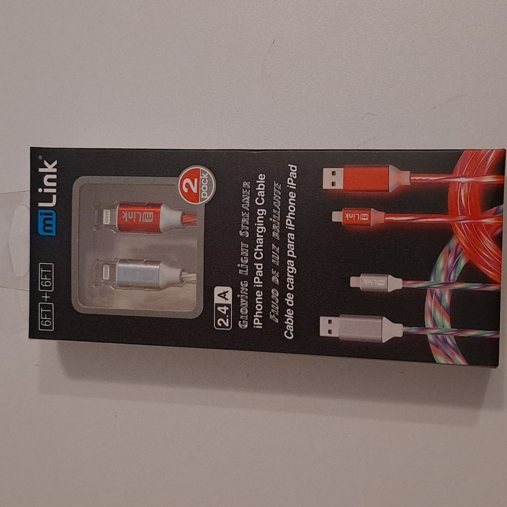 NEW Iphone/IPad charging cords, 2 pk, 6 ft., red, multi-colored, LED